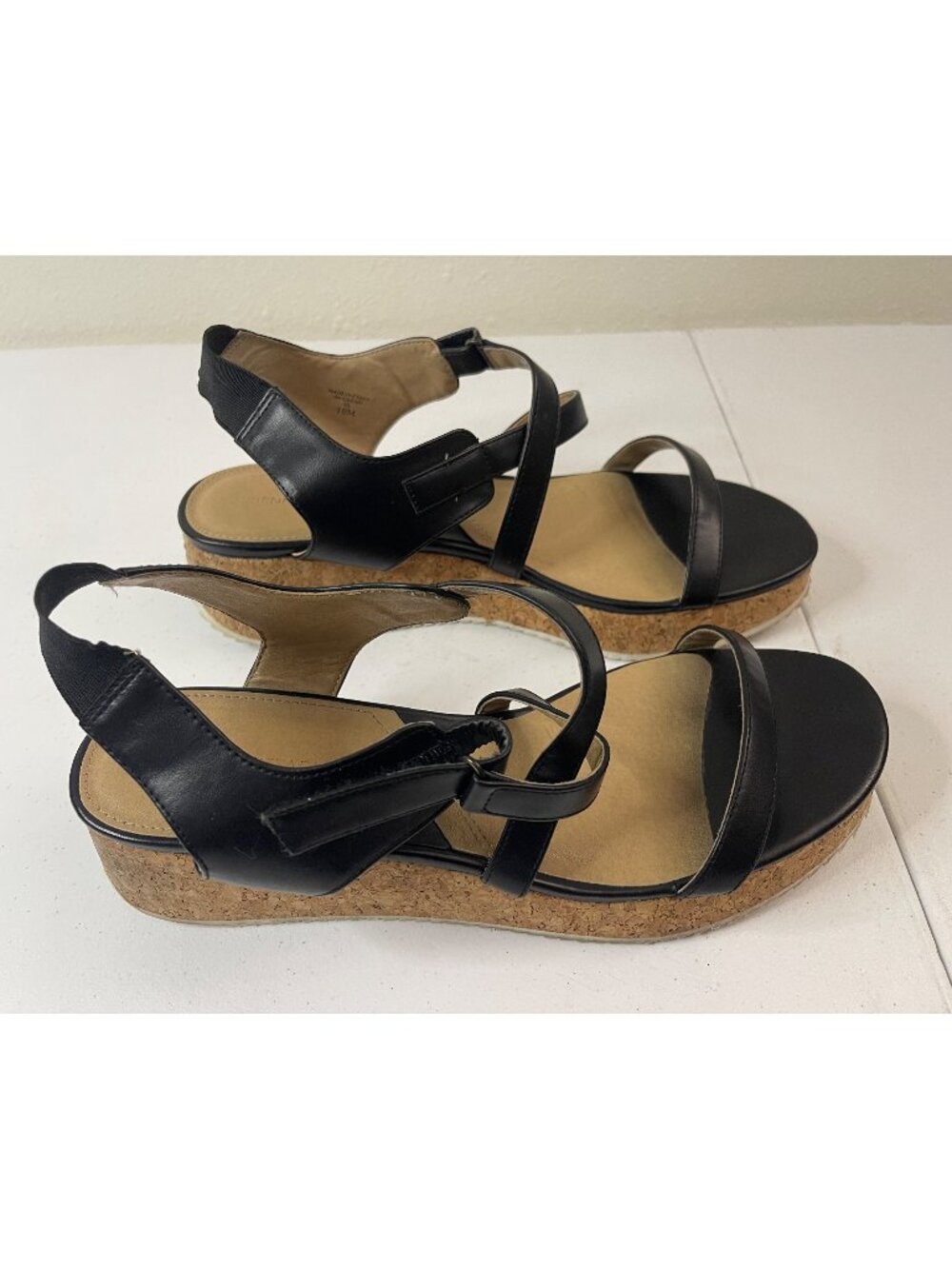 Adrienne Vittadini Black Leather Cork Wedge Sandals With Adjustable Straps Women - Picture 6 of 8